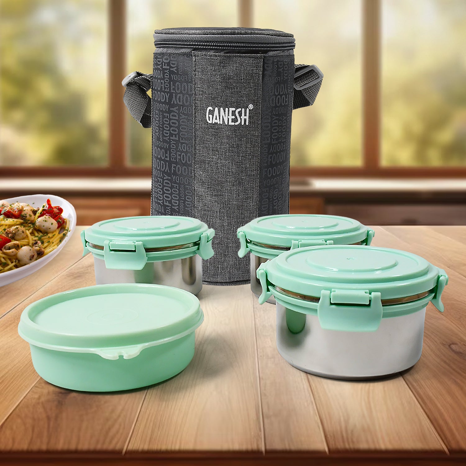Tiffin Lunch Box Set with 3 Stainless Steel Containers, Salad Box, Leak-Proof & Microwave Safe - BP4U