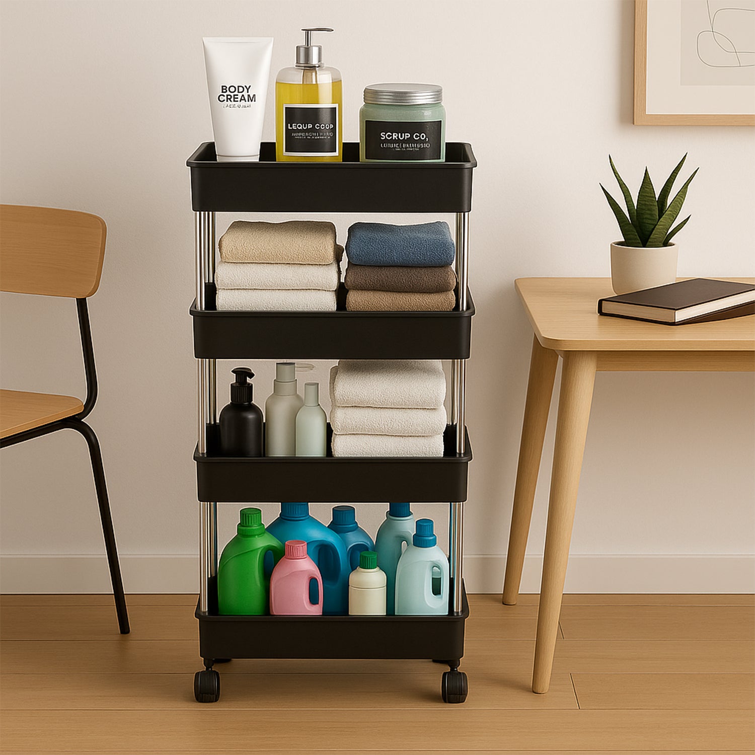4-Layer Multi-Purpose Movable Storage Rack Trolley with Wheels – Heavy Duty Plastic Organizer - BP4U